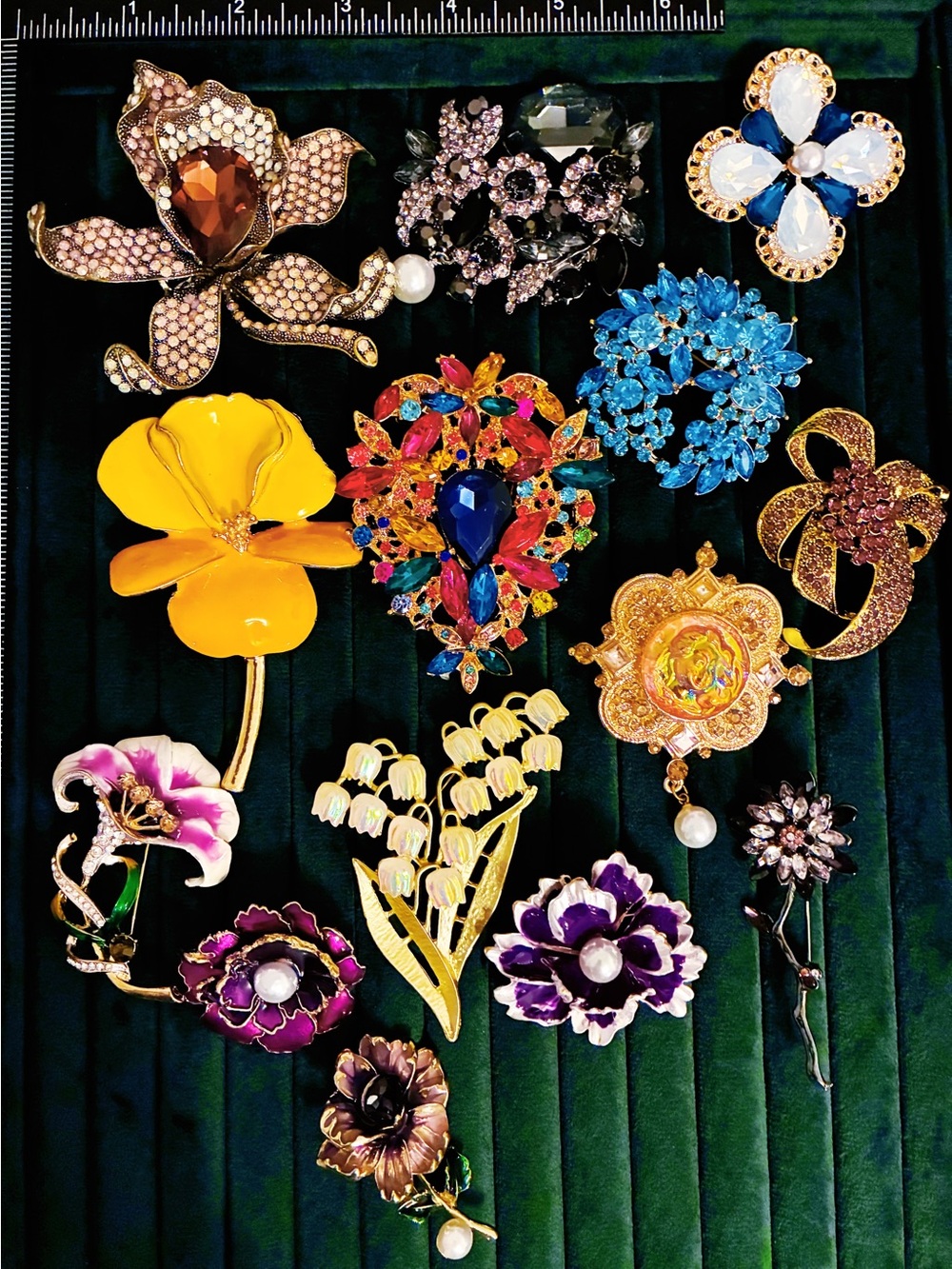 14 Pc Lot Statement Flower Brooch Pins Rhinestone Crystal Enamel Jewelry
